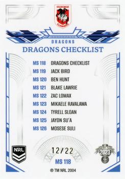 2023 NRL Traders Elite - Mojo Sapphire #MS118 St. George-Illawarra Dragons Checklist Back